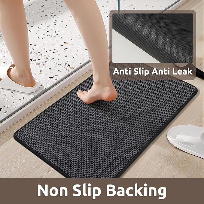 AMOAMI Chenille Bath Mat Super Absorbent Bathroom Mat Quick Dry Bath Mats for Bathroom Rubber Backed Bathroom Rugs Non Slip Washable Fit Under Door, Front of Bathtub, Sink, Darkgrey&Black 17"x24"
