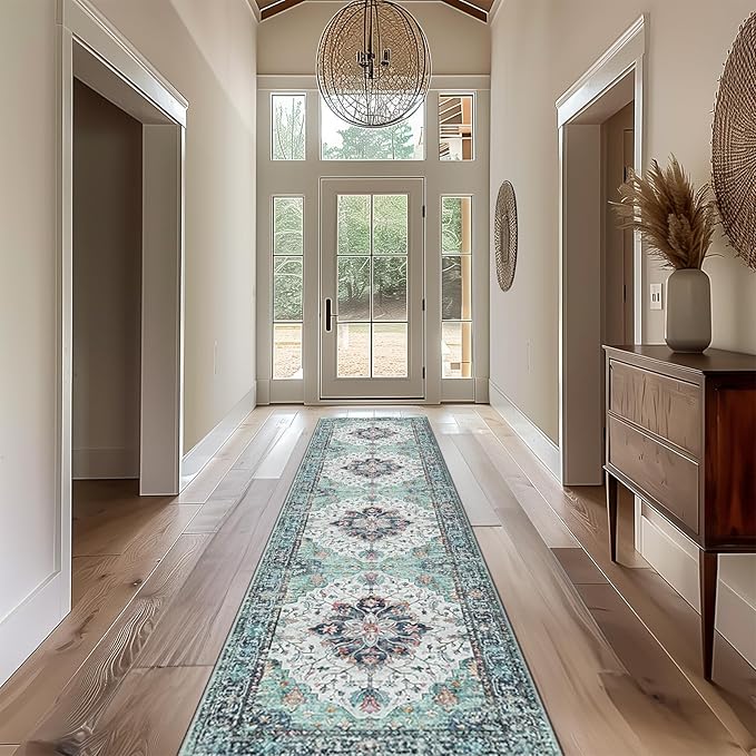 Area Rugs 2'x10' Washable Non-Slip, Floral Vintage Distress Print Pattern Medallion Carpet for Living Room Bedroom Dining Room, Green Navy Blue White Red Teal Colorful