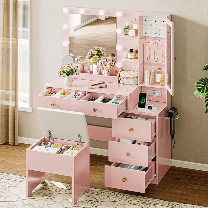 Vanity Desk with Mirror and Lights, Pink Makeup Vanity with 5 Drawers Hidden Jewelry Organizer& LED Glass Cabinet,3 Light Mode and Brightness Adjusted,Vanity Mirror with Lights Desk and Chair