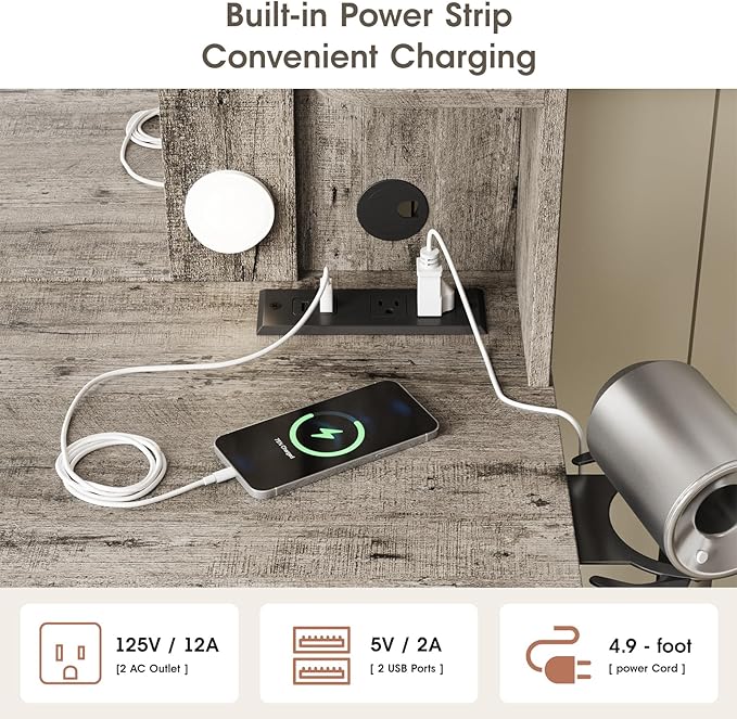 Maupvit Vanity Desk with Mirror and Lights,Makeup Vanity Table Set with Power Outlet,3 Lighting Modes & Adjustable Brightness Dressing Table with 2 Drawers for Bedroom Dressing Room,Light Oak Grey