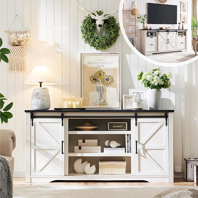 LINGMU Farmhouse TV Stand for 75 80 Inch TV, 32" Tall Entertainment Center w/4 Drawers & Sliding Barn Door, Rustic Media Console w/Storage Shelves, 66" Wood Television Stand for Living Room, Off White
