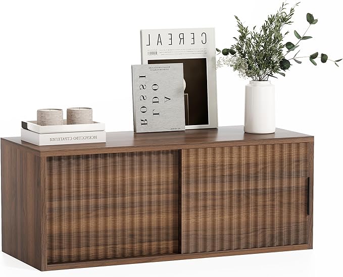 Fluted Floating TV Stand, 30" Multi-Purpose Modern TV Display Shelf Console Entertainment Center Cabinet with Sliding Doors for Bedroom Living Room Entryway, Brown