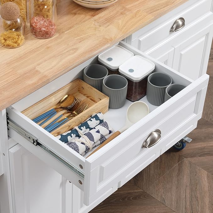 HOMCOM Rolling Kitchen Island Cart with Drop Leaf, Kitchen Cart on Wheels with Rubber Wood Top, 2 Drawers and 2 Storage Cabinets, Island Table for Kitchen, Dining Room, White