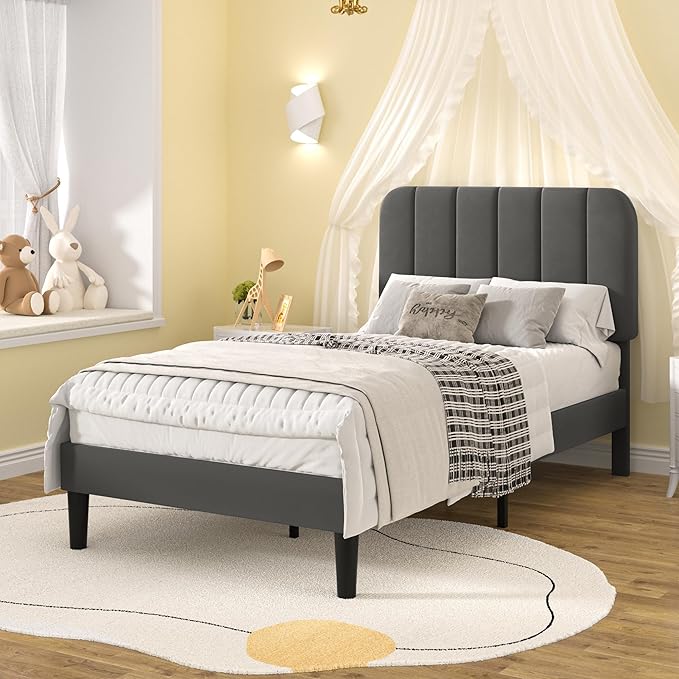 VECELO Twin Size Bed Frame with Upholstered Headboard, Velvet Platform Bedframe Mattress Foundation, Strong Wood Slat Support, No Box Spring Needed,Grey