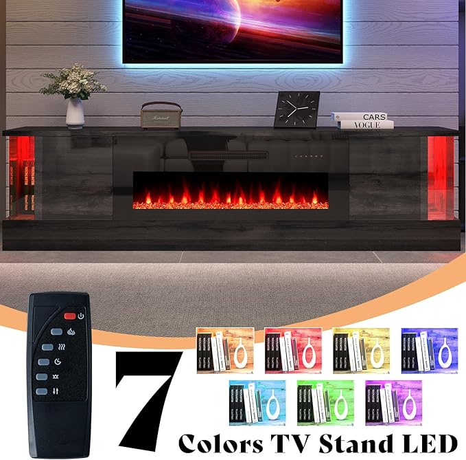 AMERLIFE Glossy Oak Fireplace TV Stand with 40" Fireplace, 80" LED Lights Entertainment Center with Flip Doors & Corner Glass Decor, Modern TV Console Table for TVs up to 90", Living Room, Black