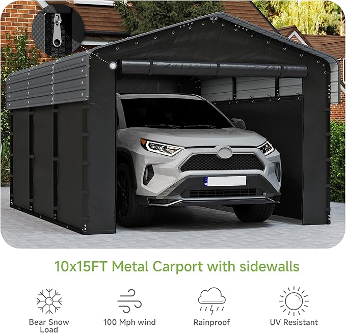 Real Relax 10x15ft Heavy Duty Metal Carport with Galvanized Steel Roof, Removable Sidewalls, Outdoor Car Port Shelter for Cars, Trucks and Boats, Gray