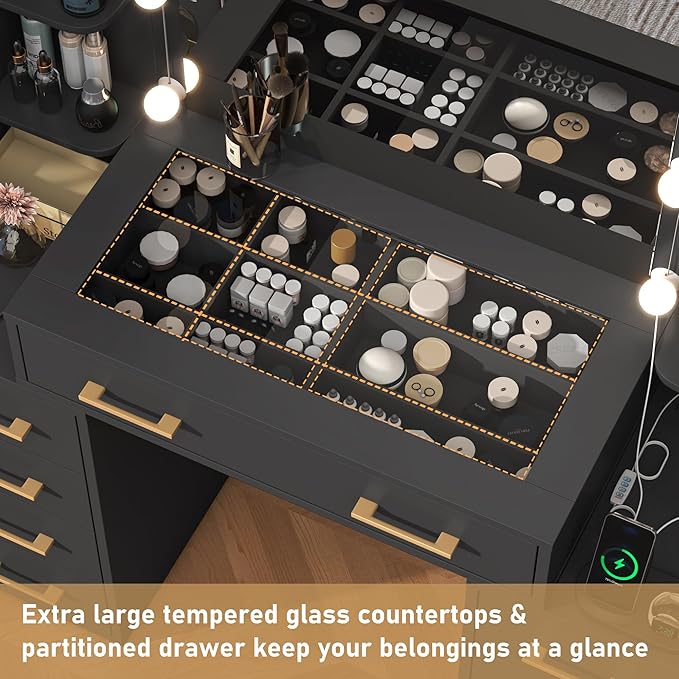 55 in Glass Top Vanity Desk with Mirror and Lights, Large Vanity Makeup Mirror Desk with Charging Station Compartment Storage Drawers, Modern Makeup Vanity with 9 Drawers 6 Shelves, Black