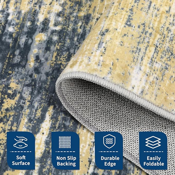 Modern Abstract Area Rug 4x6 Washable Rug for Living Room, Ultra Soft Rug for Bedroom, Non Slip Indoor Floor Carpet, Stain Resistant Rugs for Home Decor Office, Yellow/Black