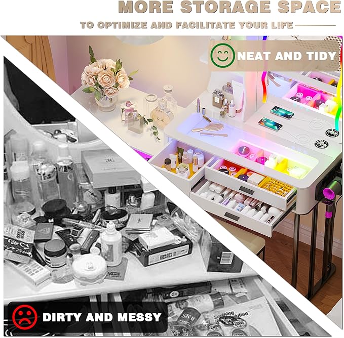 RGB Makeup Vanity Desk with Wireless Charging Station,Vanity Mirror with Lights Desk and Chair,8 Drawers,Stool,7 Dynamic and 7 Static Dimmable Vanity Table with Glass Desktop