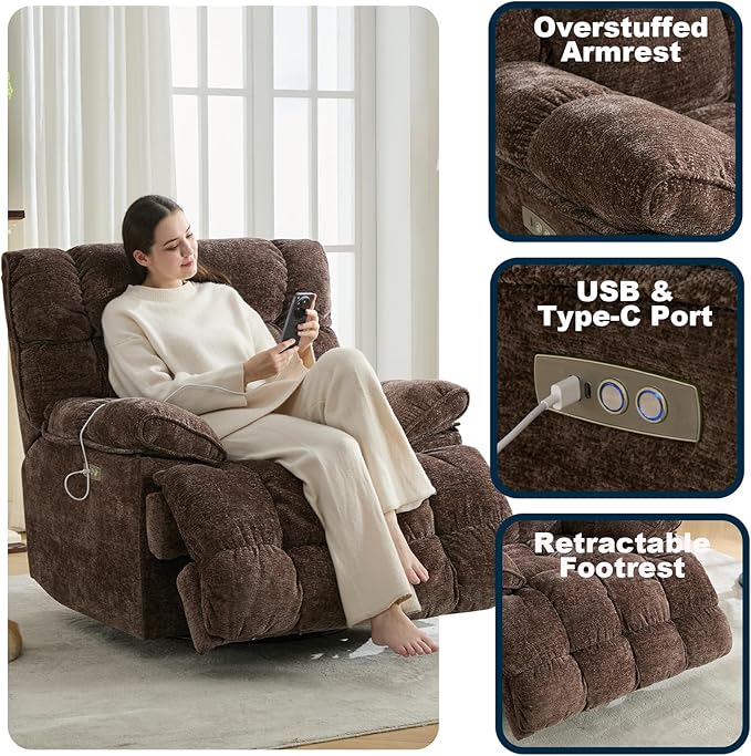 GINGO Power Oversized Recliner Chair, Extra Wide Swivel Rocking Recliner Chair, Breathable Soft Fabric Modern Single Sofa for Living Room, 90°-140° Electric Adjustable Angle, USB & Type-C Port, Brown