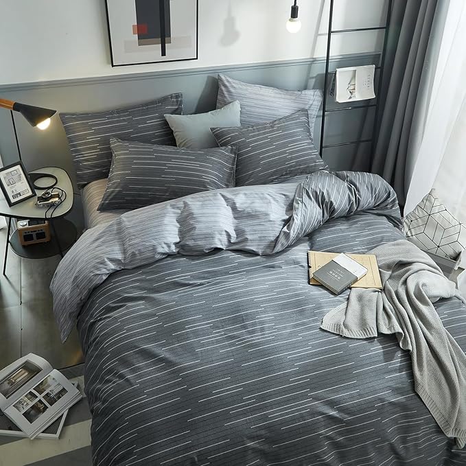 mixinni Queen Size Comforter Set for Teen Modern Geometric Boys Grey Striped Printed Comforter Set Men Boys for All Season, 1 Soft Fluffy Comforter and Two Pillowcases-Queen Size