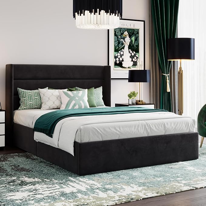 SHA CERLIN Full Size Lift Up Storage Bed/Velvet Upholstered/Modern Wingback Headboard/Upholstered Platform Bed Frame/Hydraulic Storage/No Box Spring Needed/Black