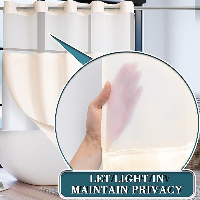 Extra Long No Hook Shower Curtain with Snap in Liner Set, Hotel Luxury Beige Fabric Shower Curtains for Bathroom with See Through Top Window, Washable, Waterproof 71W x 84H