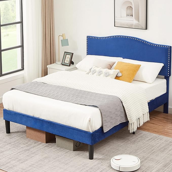 VECELO Queen Bed Frame, Platform Bed Frame with Adjustable Height Upholstered Headboard, Heavy-Duty Frame and Strong Wooden Slats Support, Non-Slip and Noise-Free, Easy Assembly, Dark Blue