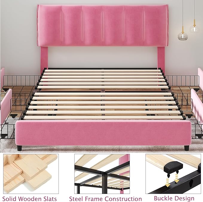 VECELO Full Upholstered Bed Frame with 4 Storage Drawers and Adjustable Velvet Headboard, Heavy-Duty Platform bedframe, No Box Spring Needed, Pink
