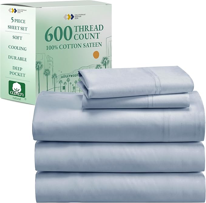 California Design Den Split King Sheet Set - 100% Cotton, 600 Thread Count, Breathable Luxury King Size Sheets for Adjustable Bed, Luxury Hotel-Quality Sheets with Soft Sateen Weave - Blue