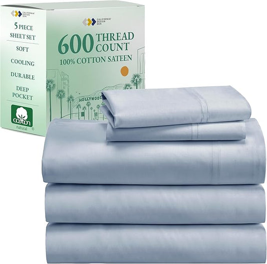 California Design Den Split King Sheet Set - 100% Cotton, 600 Thread Count, Breathable Luxury King Size Sheets for Adjustable Bed, Luxury Hotel-Quality Sheets with Soft Sateen Weave - Blue