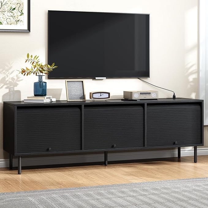 68 Inch TV Stand for TVs up to 75 Inch, Entertainment Center with Power Outlet, Mid-Century Modern TV Console with Storage, Adjustable Shelf & Sliding Doors, TV Stand for Living Room, Black