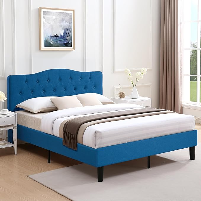 VECELO Queen Size Platform Bed Frame with Fabric Upholstered Headboard and Wooden Slats Support, No Box Spring Needed/Easy Assembly,Blue