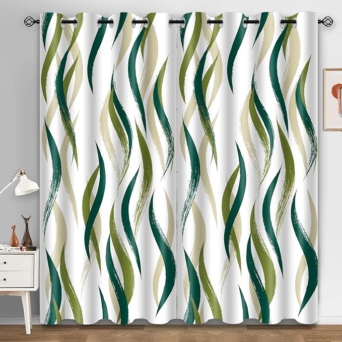 White Green Curtains Geometric Art Modern Abstract Aesthetic Blackout Curtains Sage Green Window Drape for Bedroom Living Room 52x84Inch 2 Panels Set Grommet CLME007