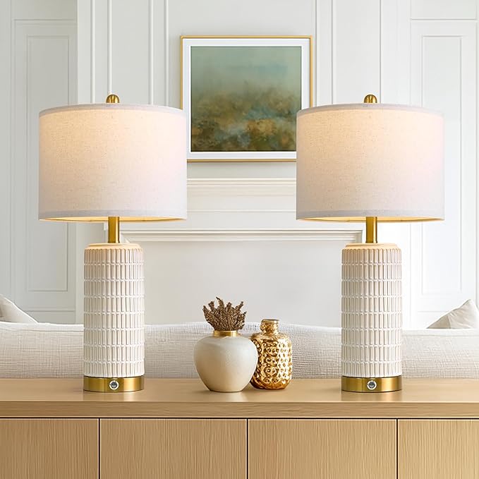 PoKat Touch Bedside Table Lamps with USB Ports for Bedroom, 25'' Dimmable Nightstand Touch Lamps for Living Room, Modern Ceramic Lamps for Night Stands Bedroom, Office, Nursery, White and Beige