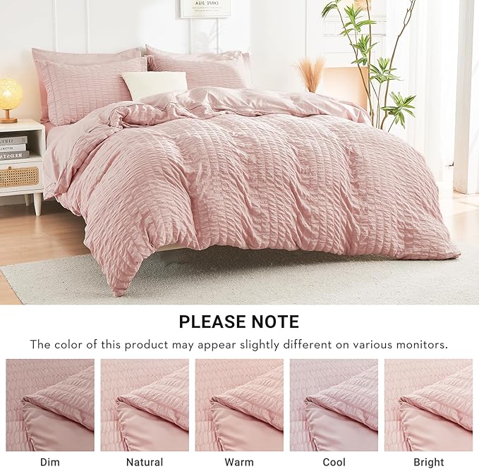 HYMOKEGE Rose Gold King Size Comforter Set Seersucker 7 Pieces, All Season Luxury Bed in a Bag for Bedroom, Bedding Set with Comforters, Sheets, Pillowcases & Shams