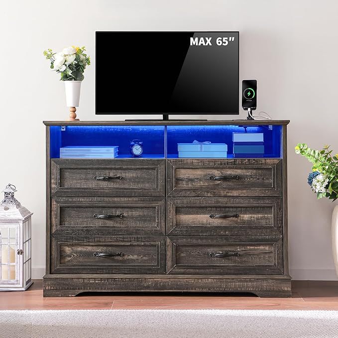 Dressers for Bedroom,6 Drawers Dresser with LED Light,Power Outlets and Open Shelves,Chests of Drawers for 65 inch TV, for Hallway, Entryway, Dark Rustic Oak