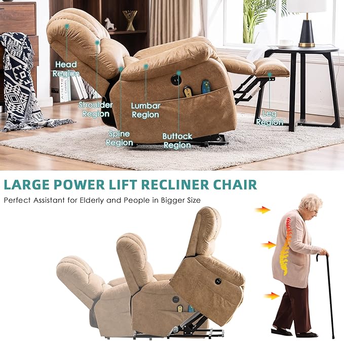 MEETWARM Large Power Lift Electric Recliner Chair, Overstuffed Wide Recliner with Massage and Heat for Elderly Big People, Heavy Duty Recliners with 2 Side Pockets, USB Ports, 2 Remote Controls(Sand)