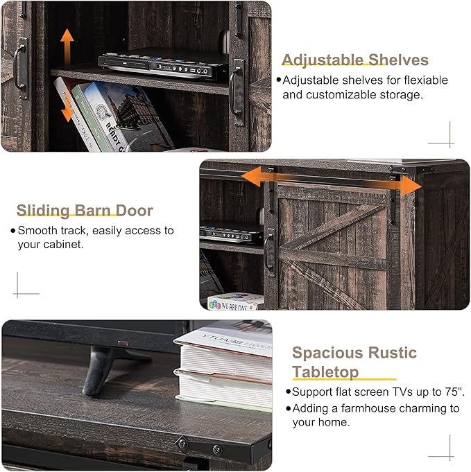 OKD Farmhouse TV Stand for 75 Inch TV with Sliding Barn Door, Rustic Wood Entertainment Center Large Media Console Cabinet Long Television Stands for 70 Inch TVs, Dark Rustic Oak