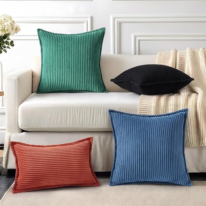 Mecatny Corduroy Throw Pillow Covers 12x20 Set of 2, Neutral Decorative Soft Boho Lumbar Couch Pillow Covers with Broadside for Sofa Living Room, Black
