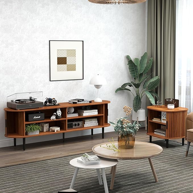 Bonzy Home 70" Mid Century Modern TV Stand, Tambour Entertainment Center with Storage, Long Media Console Television Stand with Metal Legs for up to 75'' TV, Walnut