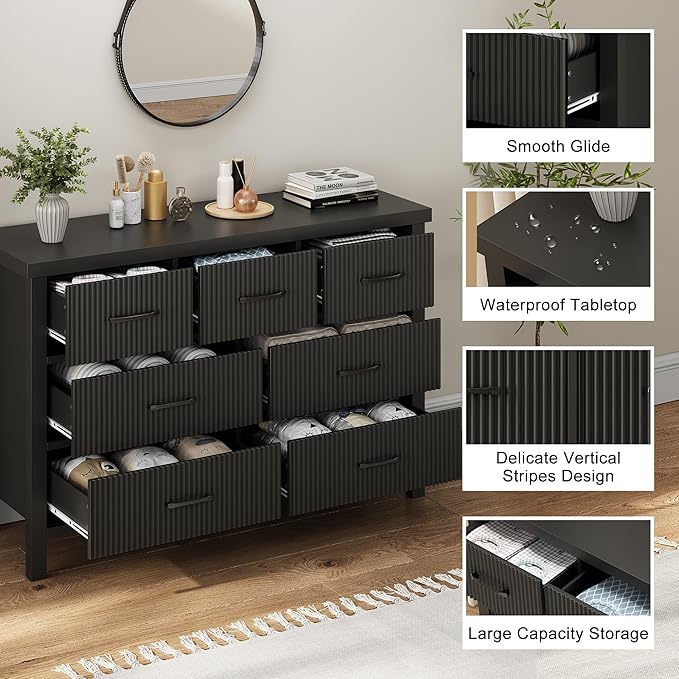 Fluted 7 Drawers Dresser for Bedroom, Modern Chest of Drawers with Metal Handle, Wood Dresser TV Stand, Wooden Closet Clothes Storage Organizer for Living Room, Hallway (Black)