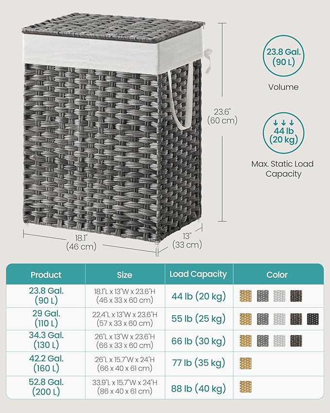 SONGMICS Laundry Hamper with Lid, 90L Clothes Hamper with 2 Removable Liner Bags, 6 Mesh Bags, Wicker Laundry Basket, Double Laundry Hamper for Bathroom, 13 x 18.1 x 23.6 Inches, Gray ULCB251G01V1