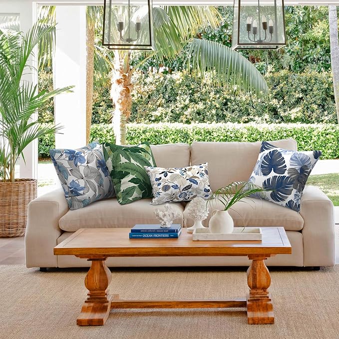 Outdoor Throw Pillows with Inners, All Weather Patio Pillows Set of 2, Square Pillows Decorative for Home Garden Furniture, 20x20 Inch, Swaying Palms Green