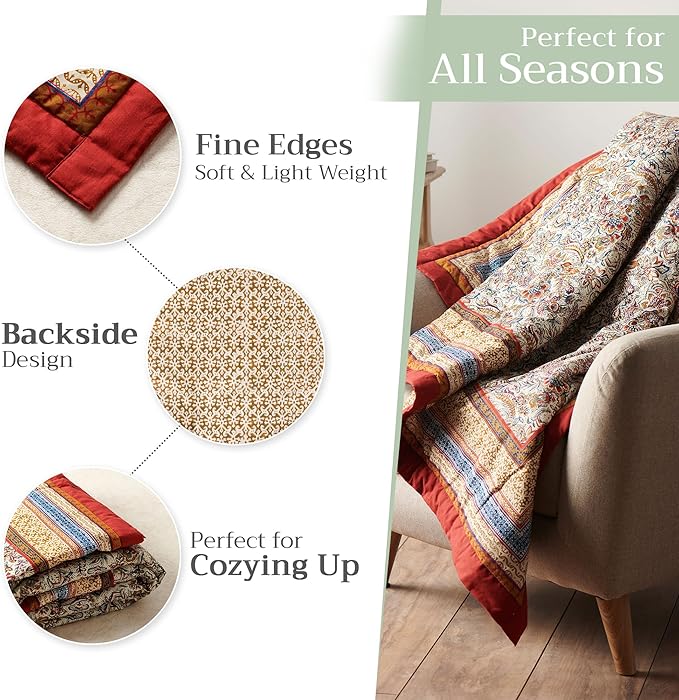 Maison d' Hermine Throw Blanket for Couch Lightweight Soft Warm Breathable Cotton Throw Blankets for Bed Girls Boys Women Men Gifts Sofa Travel Living Room Chair Bedding (50"x60", Jaipur)