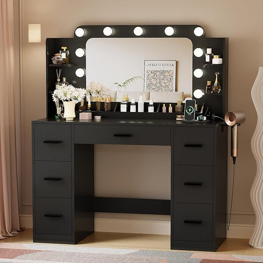 YESHOMY Vanity Desk with Large Lighted Mirror, Power Outlet and 11 Lights, Makeup Table with 7 Drawers and 3 Desktup Storage Units, 3 Color Modes Available for Bedroom, Black