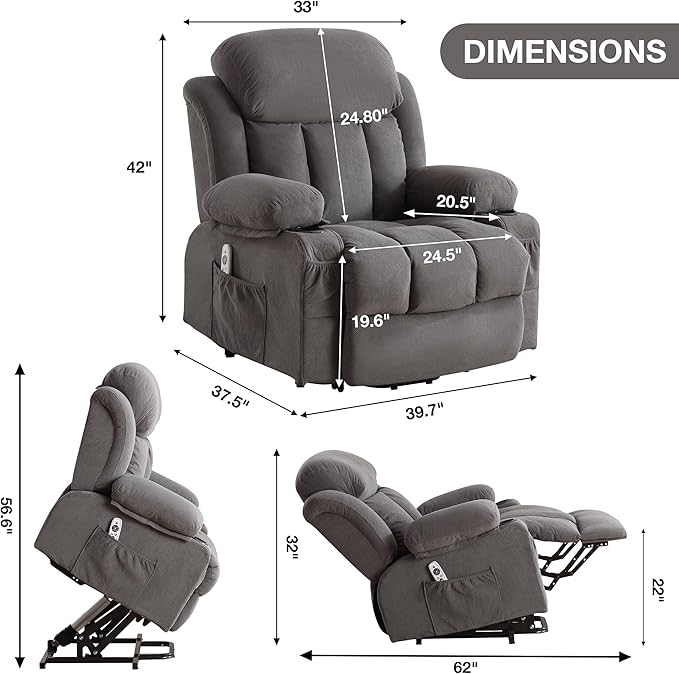 Power Lift Recliner Chair for Elderly with Vibration Massage and Lumbar Heating Electric Oversized Single Sofa with Cup Holder and USB Charge Port for Living Room