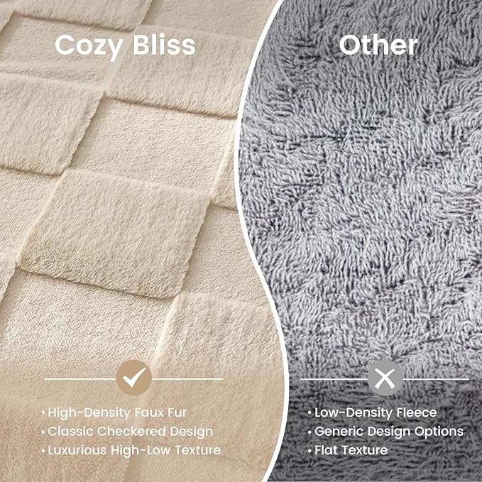 Cozy Bliss Checkered White Faux Rabbit Fur Throw Blanket, Soft Fuzzy Fluffy Minky Cream Furry Blankets for Couch, Bed (Tan, King(108" x 90")
