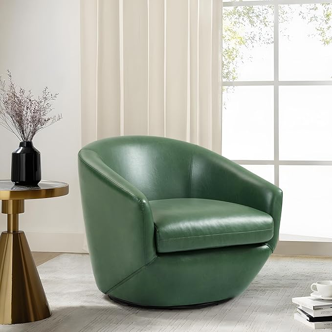 Swivel Barrel Accent Chair, Modern Round Faux Leather Arm Chair for Living Room, Bedroom, Comfy Club Reading Chairs for Adults(Faux Leather, Green, Set of 1)