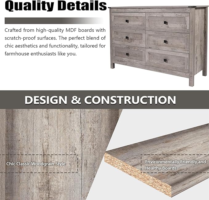 Farmhouse 6 Drawers Dresser, Wood Double Dresser Chest of Drawers Wide Storage Organizer Cabinet for Bedroom, Living Room, Rustic Grey