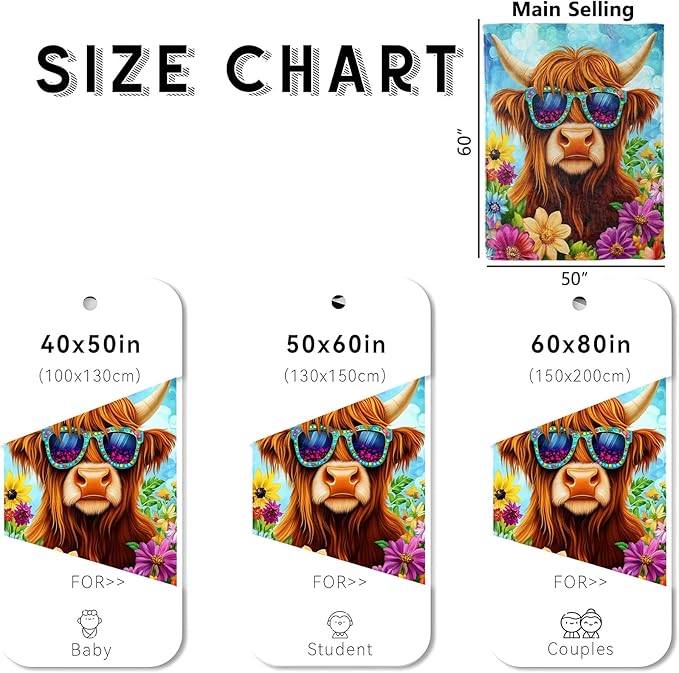 Chic Highland Cow Blanket, Cozy Flannel Cows Wearing Sunglasses Throw Blanket for Couch Outdoor, Plush Soft Lightweight Travel Blankets for Bed Decor and Gifts, for Women Adults Kids 50"x60"