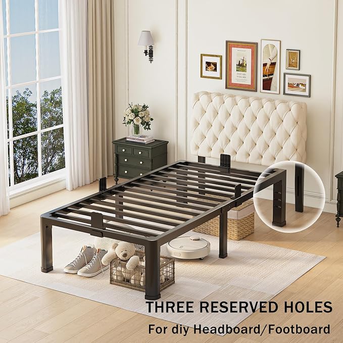 14 inch Twin XL Bed Frame with Rounded Corner Legs and Headboard Hole Mattress Slide Stopper 3500 LBS Heavy Duty Support Metal Platform,No Box Spring Needed, Noise Free,Easy Assembly