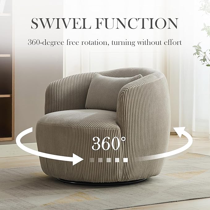 Aoiy & Wifon 34.25" W Swivel Barrel Chair, Upholstered Round Small Accent Chair, Single Comfy Barrel Chair for Living Room, Corduroy, Light Gray