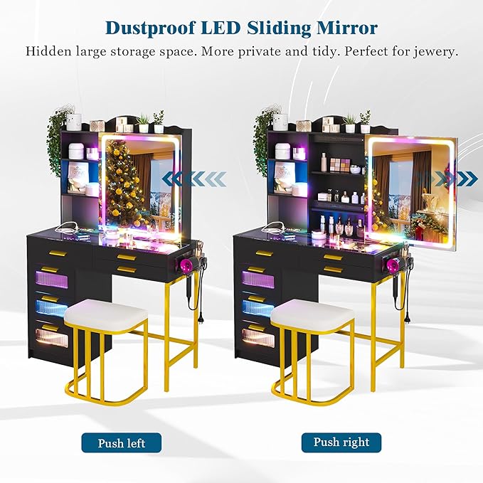 RGB Vanity Desk with Sliding Mirror and Lights, LED Makeup Vanity with Charging Station, Glass Top Dressing Table Set with Jewelry Organizer,6 Drawers,Stool,Shelves for Bedroom (Black)