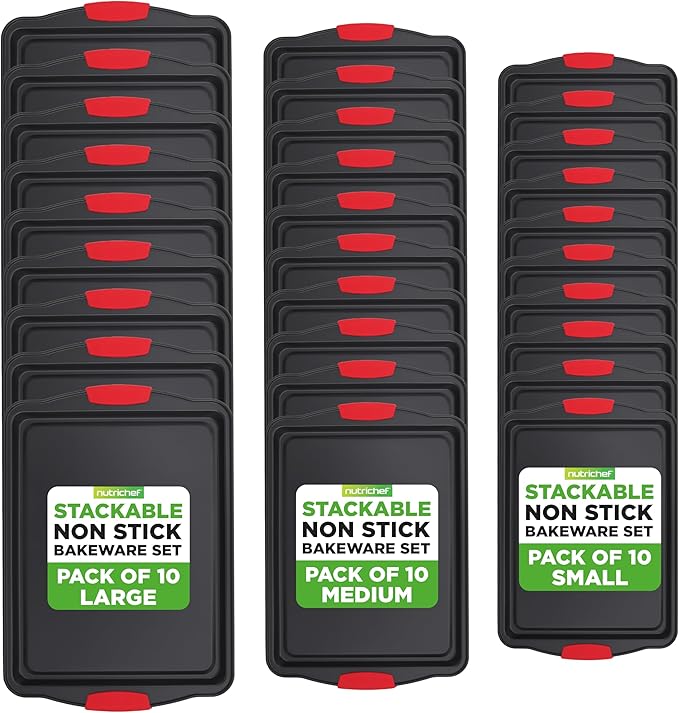 NutriChef Nonstick Baking Pans Set – Premium Cookie Sheets for Baking, Carbon Steel Stackable Baking Trays with Red Silicone Handles, Oven Safe Pans for Cookies, and Cakes, Dishwasher Safe (30 Pack)