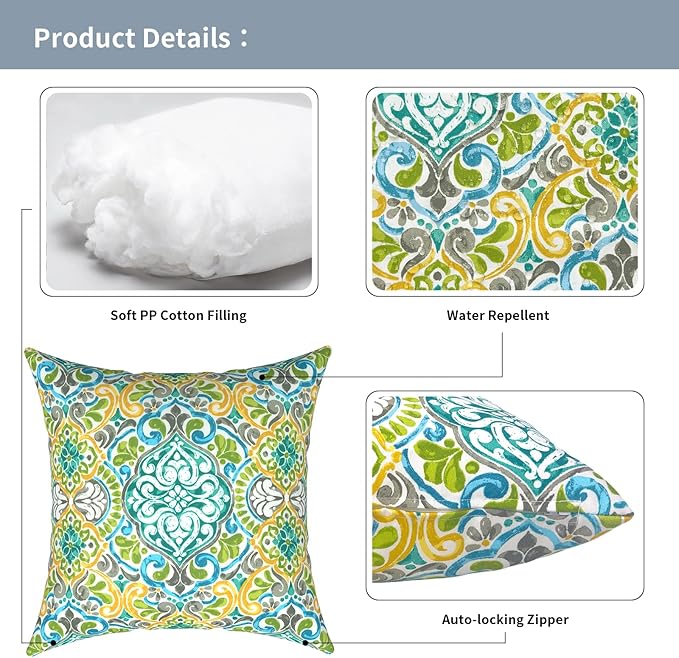 Outdoor Pillows for Patio Furniture 18x18 inch, Square Outdoor Throw Pillows with Inserts, Decorative Toss Pillows for Garden Couch Home Sofa Office Chair, Pack of 2,Damask Green