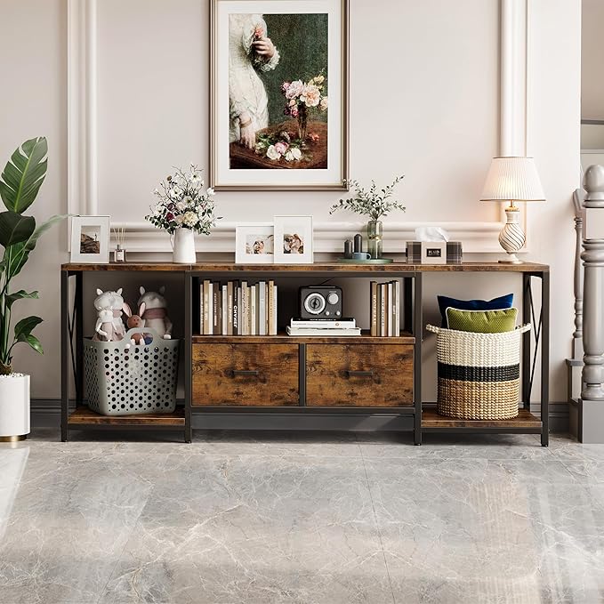 Homeiju TV Stand for TVs up to 75 Inch, Entertainment Center with Fabric Drawers, TV Media Console Table with Open Storage Shelves for Living Room, Bedroom, Rustic Brown