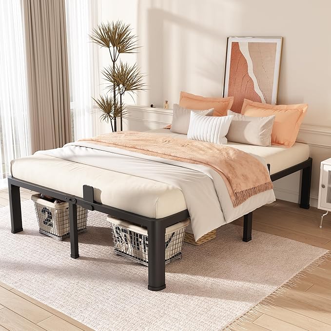 FUIOBYVV King Bed Frame with Round Corner Edge Legs 16 inch High 3500 lbs Heavy Duty Metal Platform Bed Frame King Size No Box Spring Needed/Noise Free/Steel Slat Support/Non-Slip Black
