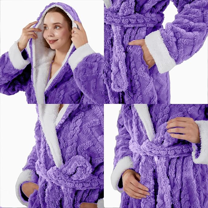 LKG women's robes long plush hooded ladies shower luxury christmas warm fuzzy robes house coat bathrobe for women full length