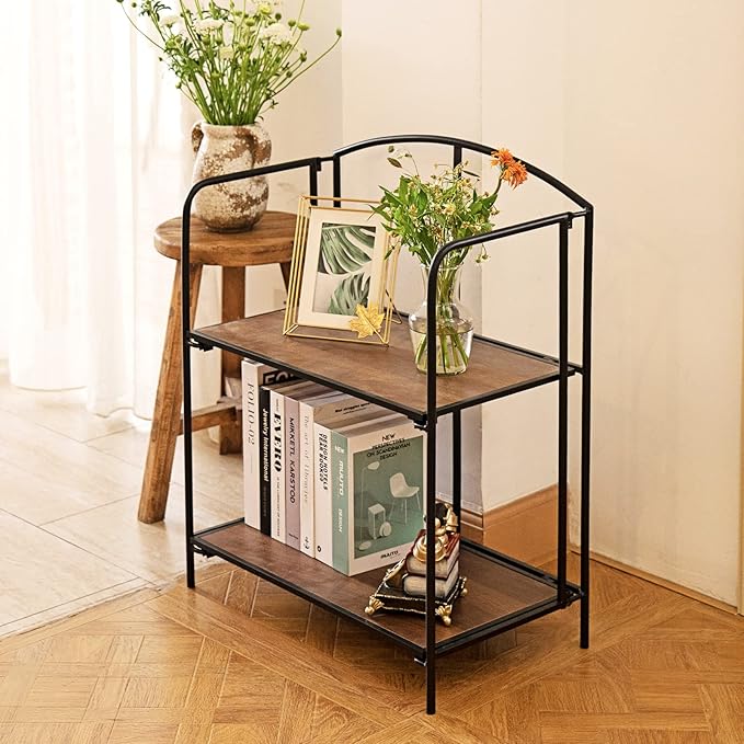 Crofy No Assembly Folding Bookshelf for Living Room, 2 Tier Black Collapsible Book Shelf for Home Office, Portable Bookcase Storage Organizer
